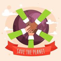 Illustration of People Together Protecting Earth Globe on Beige Background for Save The Planet Concept. vector