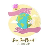 Earth Globe Between Two Hands with Daisy Flowers and Yellow Noise Brush Effect on White Background for Save The Planet, Let's Think Green. vector