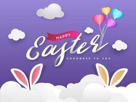 Paper Cut Happy Easter Font with Heart Balloons, Bunny Ear and Clouds on Purple Background. vector