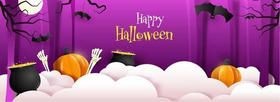 Dark Magenta and White Paper Cut Clouds Background with Pumpkins, Skeleton Hands, Cauldron Pots and Hanging Bats for Happy Halloween. vector