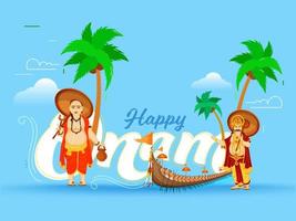 Happy Onam Font with King Mahabali, Vamana Avatar, Coconut Trees and Aranmula Boat Race on Glossy Blue Background. vector