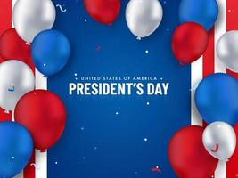 United States Of America, President's Day Text With Glossy American Tricolor Balloons Decorated Background. vector