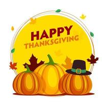 Happy Thanksgiving Celebration Poster Design with Pumpkins, Pilgrim Hat and Autumn Leaves Falling on Yellow and White Background. vector