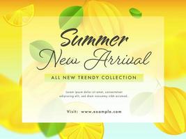 Summer New Arrival Poster Design with Lemon and Leaves Decorated Background for All New Trendy Collection. vector