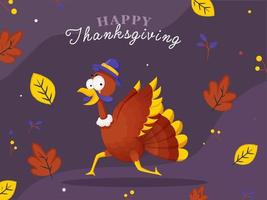 Happy Thanksgiving Font with Cartoon Turkey Bird in Running Pose and Leaves Falling on Purple Background. vector