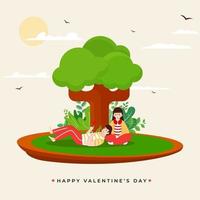 Young Girl and boy lying down heart showing from hand under the tree on sun background. vector