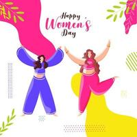 Cartoon Young Girls Dancing with Leaves Decorated on Abstract Background for Happy Women's Day Celebration. vector