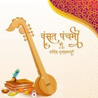 Hindi Text Best Wishes Of Vasant Panchami With Veena Instrument And Religion Offering On White Mandala Pattern Background. vector
