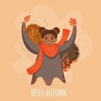 Hola otoño texto con sonriente linda niña en saltando actitud en resumen melocotón antecedentes. vector