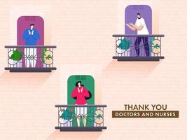 People Clapping To Appreciate Doctors and Nurses From Balcony with Say Thank You on Peach Brick Wall Background. vector