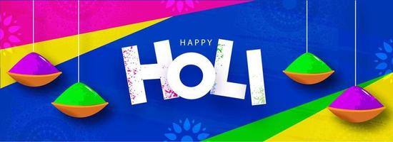 Abstract Colorful Header or Banner Design Decorated with Hanging Color Bowls for Happy Holi Celebration. vector