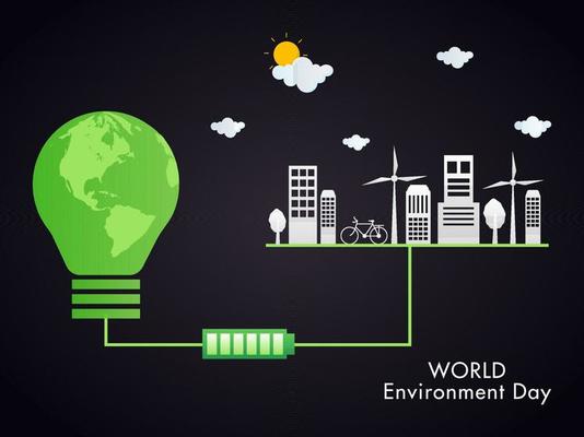 Electric Battery Storage from Global Bulb Connected with Eco City for World Environment Day Concept.
