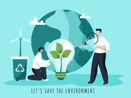 Save The Environment Concept with Cartoon Men Holding Watering Can, Eco Bulb, Windmill, Recycling Bin and Earth Globe on Turquoise Background. vector