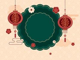 Semi-Circle Overlap Pattern Background Decorated With Flowers, Hanging Lanterns And Given Space For Message. vector