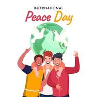 Cheerful Young Boys Group in Photo Capturing Pose with Earth Globe and Flying Doves on White Background for International Peace Day. vector