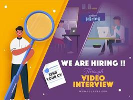 Business Men Hiring Candidates Through Video Interview With Sending CV Resume And Magnifying Glass On Yellow And Purple Background. vector