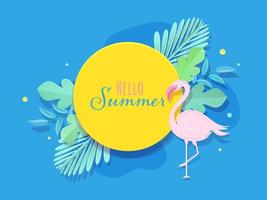 Hello Summer Font in Circle Frame with Paper Cut Leaves and Heron Bird on Blue Background. vector