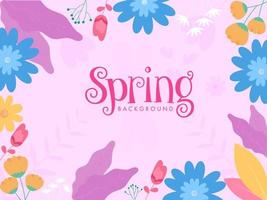 Pink Spring Background Decorated with Colorful Flowers and Leaves. vector