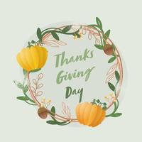 Thanksgiving Day Font with Wreath Made by Leaves, Acorns, Berries and Pumpkins on Light Green Background. vector