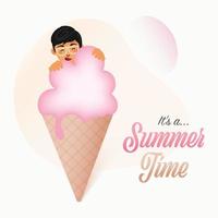 Illustration of Cute Boy Slurping Ice Cream Cone for It's A Summer Time Concept. vector