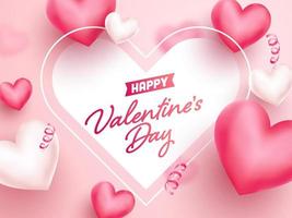 Happy Valentine's Day Font with Glossy Hearts Decorated on Pink Background. vector