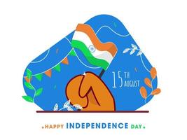 Happy Independence Day Concept with Human Hand holding India Flag and Leaves on Abstract Background. vector