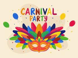 Colorful Carnival Party Text with Mask with Feathers and Balloons Decorated Background. vector