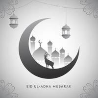 Illustration of Crescent Moon with Mosque, Silhouette Goat and Hanging Lanterns on Light Grey Floral Background. vector