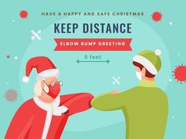 Santa Claus And Man Greets By Elbow Bumping In Protective Mask With Keep Distance On The Occasion Of Merry Christmas. vector