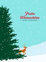 Merry Christmas Text Written German Language With Xmas Tree, Reindeer Illustration On Snowfall Background. vector