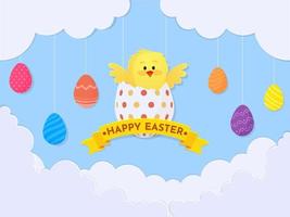 Blue Paper Cut Clouds Background Decorated with Hanging Printed Eggs and Cute Chick in Egg for Happy Easter Celebration Concept. vector