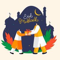 eid Mubarak póster diseño con musulmán hombre dado regalo a chico en resumen mezquita antecedentes. vector