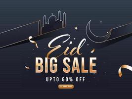 Islamic festival Eid Big Sale concept with mosque and crescent moon and ribbon on grey background. vector