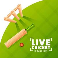 Top View of Realistic Bat with Red Ball and Wicket Stumps on Green Checkered Pattern Background for Live Cricket Is Back Now. vector