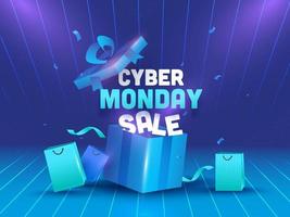 Cyber Monday Sale Text with Realistic Open Gift Box, Shopping Bags and Confetti Ribbon on Glossy Gradient Blue Strip Background. vector