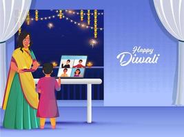 Indian people connecting and wishing on video call on occasion of Diwali. Stay at home concept because of Covid19 pandemic. vector