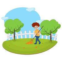 dibujos animados chico barriendo a el jardín o parque. vector