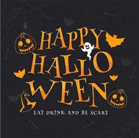 Orange Happy Halloween Text with Cartoon Ghost, Bats Witch Hat and Jack-O-Lanterns on Black Grunge Background. vector