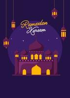 Ramadan Kareem Template Design with Mosque and Hanging Lanterns Decorated on Purple Background. vector