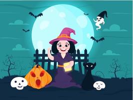 Cheerful Witch Holding Book with Point Index Finger, Jack-O-Lantern, Skulls, Scary Cat, Cartoon Ghost and Bats Fly on Full Moon Teal Background. vector