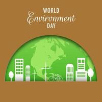 Brown Paper Cut Semicircle Shape Background with Earth Globe, Bicycle, Windmills and Buildings for World Environment Day. vector