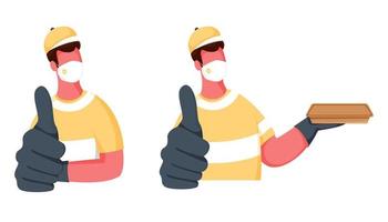 Faceless Two Men wear Medical Mask, Gloves with Showing Thumbs Up and Parcel on White Background. vector