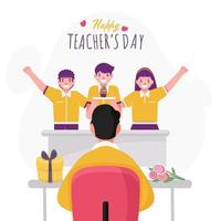 alegre estudiantes celebrar del maestro día con clase profesor en blanco antecedentes.