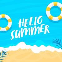 Hello Summer Text with Realistic Swimming Ring on Beach View and Blue Background. vector