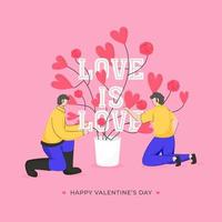 amor es amor texto con dibujos animados hombres personaje y corazón flor maceta en rosado antecedentes para contento San Valentín día concepto. vector