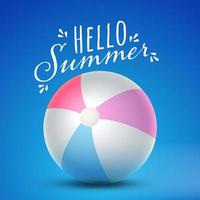 Hello Summer Font with 3D Glossy Beach Ball on Blue Background. vector