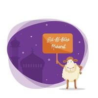 Cartoon Funny Sheep holding a Sign Board of Eid-Al-Adha Mubarak on Purple Silhouette Mosque and White Background. vector