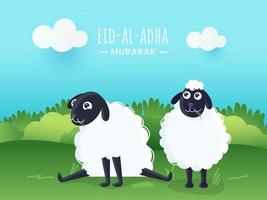 Eid al-Adha Mubarak concepto con dos dibujos animados oveja en verde naturaleza y cielo azul antecedentes. vector