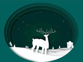 Paper Layer Cut Winter Landscape Background With A Reindeer Illustration In Teal Green And White Color. vector