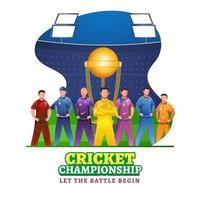 Cricketers Character in Different Color Attire with Winning Trophy Cup on Abstract Stadium Background for Cricket Championship. vector